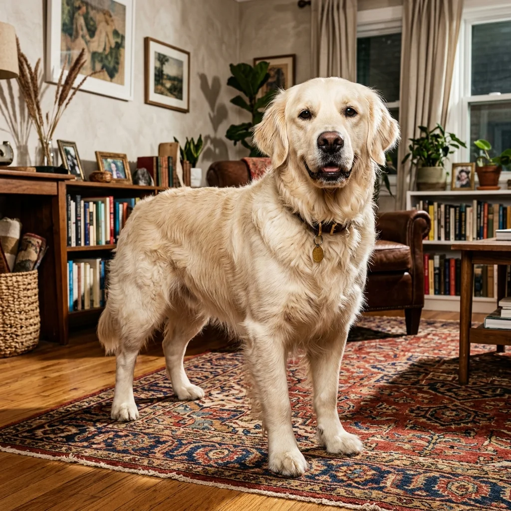 Cão de raça grande com abdômen distendido, sinal de dilatação gástrica