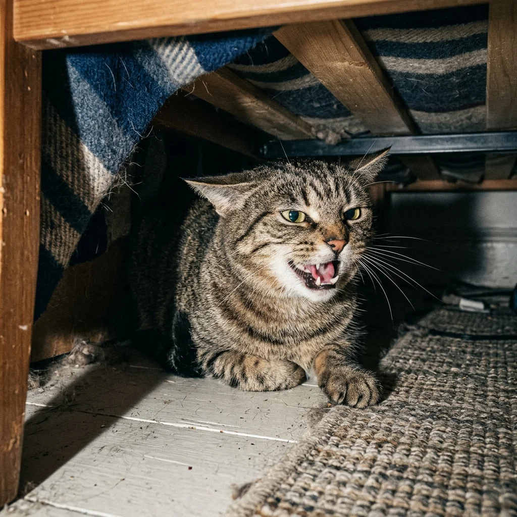 Gato apático escondido embaixo da cama sem comer