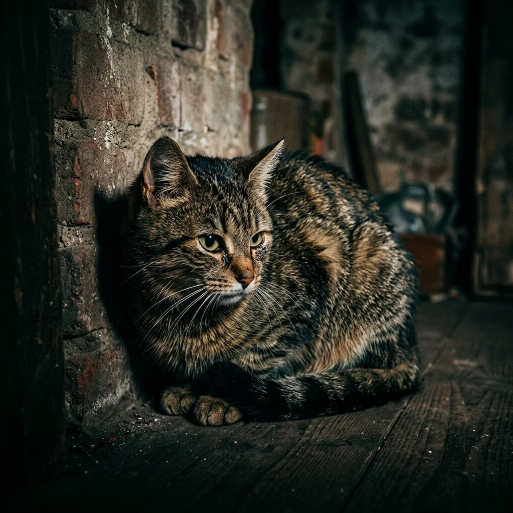 Gato escondido em canto escuro da casa, comportamento de isolamento por dor