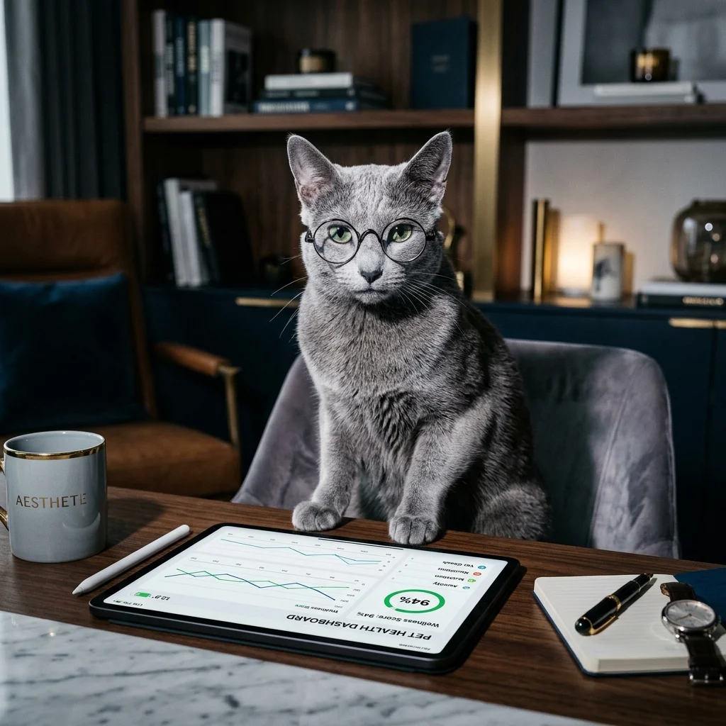 Gato russo azul com óculos analisando gráficos de saúde