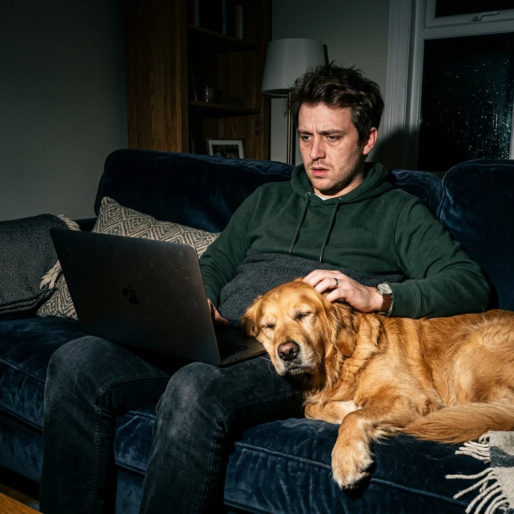 Tutor preocupado pesquisando sintomas no notebook ao lado do cachorro à noite