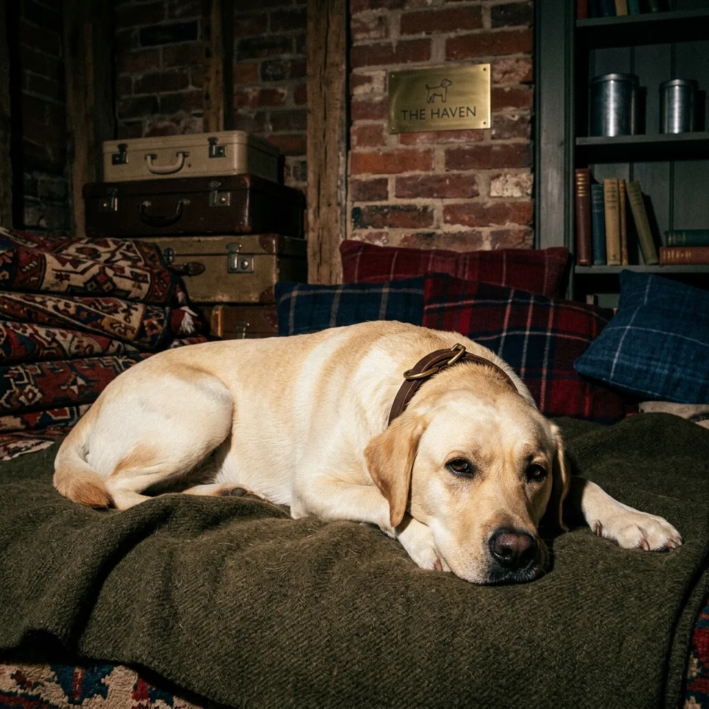 Cão labrador deitado calmamente em quarto seguro e aconchegante