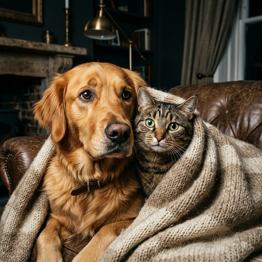 Cão golden retriever e gato tigrado encolhidos sob um cobertor com olhar ansioso