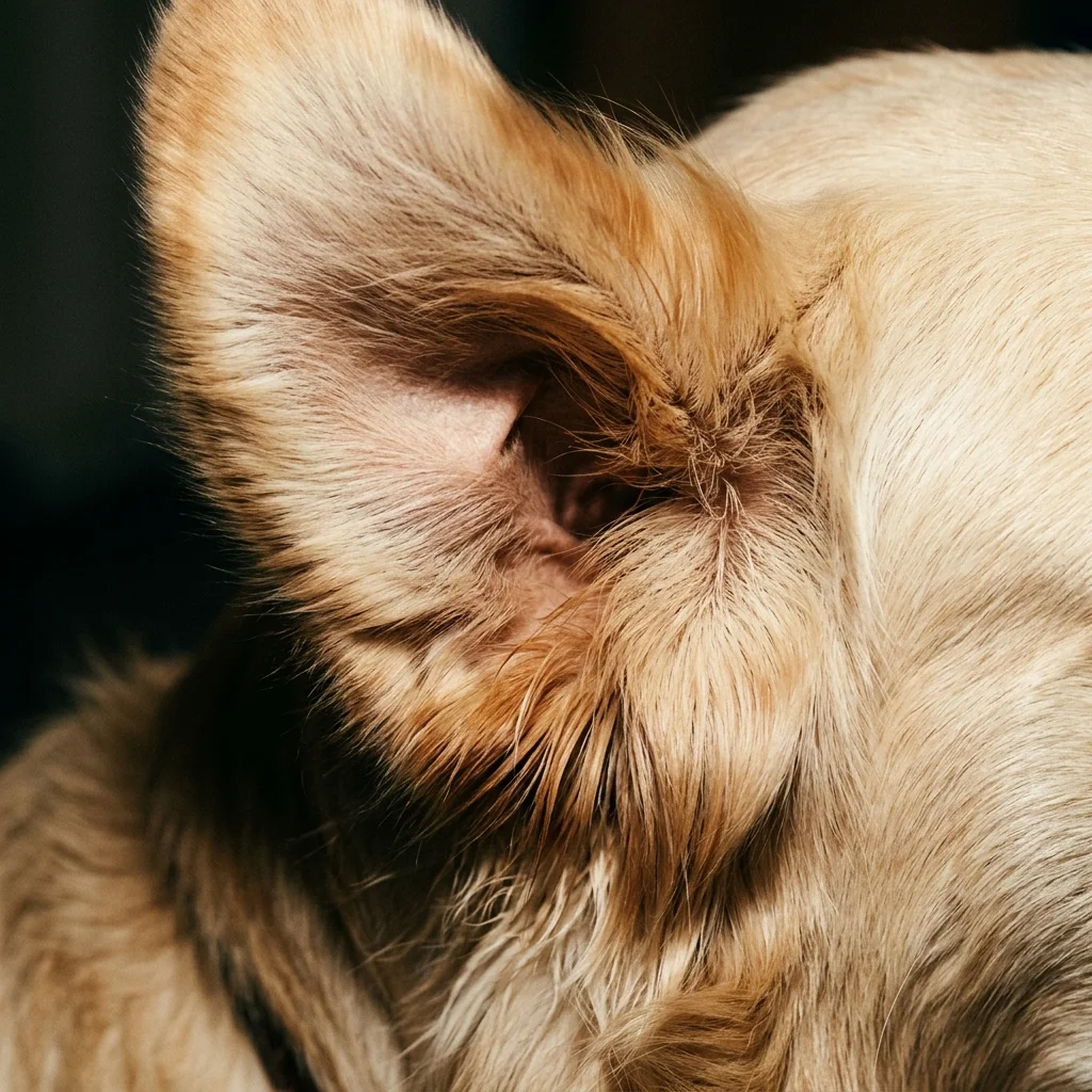 Close-up detalhado da orelha de um cão destacando a sensibilidade auditiva