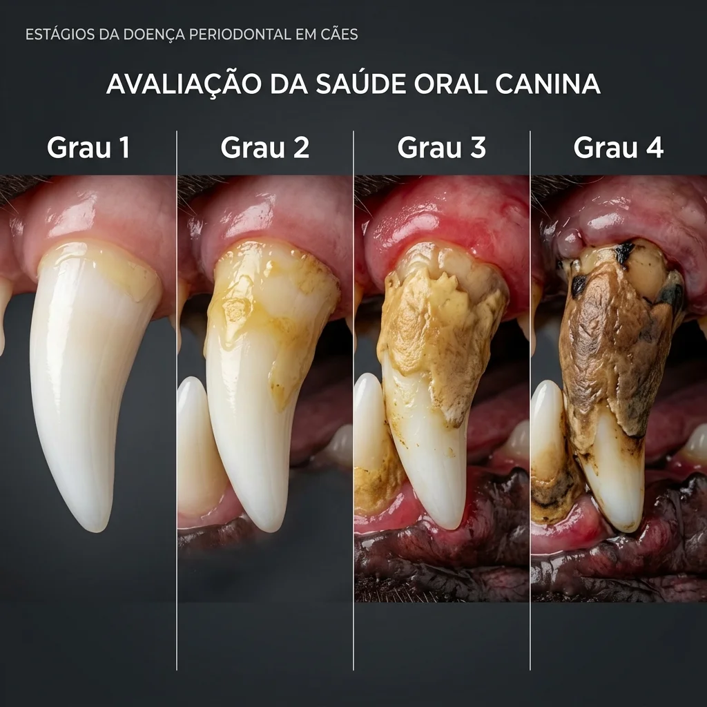 Comparação visual dos quatro graus de tártaro em dentes de pets