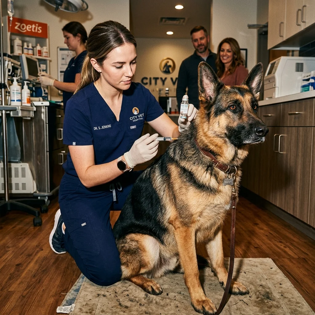 Veterinário aplicando vacina antirrábica em cão adulto